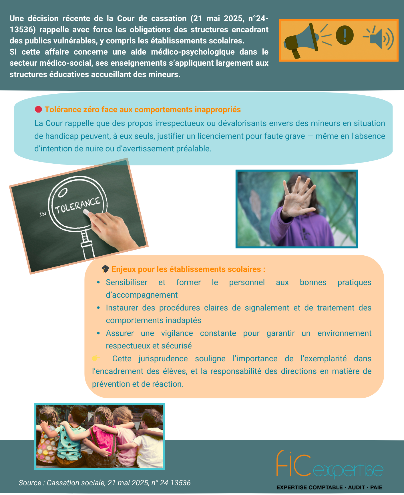 Rappel important : Propos inadaptés et licenciement dans le secteur médico-social Une récente décision de la Cour de cassation, datée du 21 mai 2025, met en lumière la gravité des propos inadaptés tenus par le personnel encadrant des personnes vulnérables. Bien que le cas concerne le secteur médico-social, cette décision est riche d'enseignements pour toutes les structures accueillant des mineurs et des publics fragiles, notamment dans l'enseignement. L'affaire concernait une aide médico-psychologique licenciée pour faute grave par une association gérant des établissements pour enfants handicapés. Il lui était reproché des "actes et omissions portant atteinte à l'intégrité corporelle et psychique des enfants", incluant un langage irrespectueux et dévalorisant ainsi que des négligences. La Cour d'appel avait initialement jugé le licenciement disproportionné, estimant que les propos, bien que "critiquables", visaient à renforcer l'autonomie des patients et ne constituaient pas de la maltraitance. Elle avait également noté l'absence d'avertissement préalable. Cependant, la Cour de cassation a cassé cette décision. Elle a affirmé que des propos inadaptés tenus à l'égard de mineurs en situation de handicap sont, par leur nature même, suffisants pour justifier un licenciement. Ce qu'il faut retenir pour vos établissements : Tolérance zéro face aux comportements inappropriés : La Cour de cassation souligne la nécessité de protéger les personnes vulnérables. Tout langage ou attitude dévalorisante, même sans intention de nuire, peut être considéré comme une faute grave. Sensibilisation et formation du personnel : Il est crucial de sensibiliser votre personnel aux bonnes pratiques de communication et d'accompagnement, notamment avec les élèves ayant des besoins spécifiques. Procédures d'alerte et de suivi : Mettez en place des mécanismes clairs pour le signalement des comportements inadaptés et assurez un suivi rigoureux des situations. Cette décision renforce l'importance d'une vigilance constante et d'un engagement ferme envers le bien-être et la dignité de tous les élèves au sein de vos établissements.ou des structures accueillant un public mineur Votre expert comptable FIC Expertise reste à votre disposition Source ; Cassation sociale, 21 mai 2025, n° 24-13536