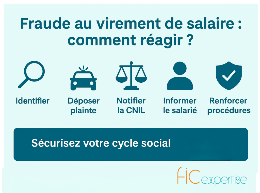 Contrôle interne: sécurisation du cycle social et fraude au paiement des salaires Le cycle social est un axe important dans les structures d'enseignement, généralement la part la plus importante du budget C'est avec une attention particulière pour le secteur de l'éducation qu'il convient d'aborder ce sujet. Dans le cadre de notre veille sur les risques financiers et administratifs, je souhaite attirer votre attention sur un type de fraude de plus en plus fréquent : la fraude au virement de salaire. Un risque grandissant pour les établissements La fraude au virement de salaire, également appelée fraude au "faux RIB", est une escroquerie qui vise à détourner le salaire d'un employé. Un fraudeur usurpe l'identité d'un salarié et envoie un e-mail au service des ressources humaines (RH) pour demander un changement de coordonnées bancaires. Le salaire suivant est alors versé sur le compte du fraudeur. La Commission Nationale de l'Informatique et des Libertés (CNIL) met en garde contre ce phénomène et a récemment publié un guide pour aider les entreprises à réagir en cas d'incident. Les étapes clés pour réagir Si votre établissement est confronté à une telle situation, la réactivité est essentielle. Voici les actions préconisées par la CNIL : Identifier la source de la fraude : Il est crucial de rechercher l'adresse e-mail de l'expéditeur frauduleux et de vérifier si d'autres employés ont fait des demandes similaires de changement de RIB. Déposer une plainte : Sans tarder, il faut déposer une plainte auprès des forces de l'ordre compétentes (police ou gendarmerie). Notifier la CNIL : L'établissement doit obligatoirement notifier l'incident à la CNIL dans les 72 heures qui suivent sa découverte. Informer le salarié concerné : La personne impactée par la fraude doit être informée immédiatement. Renforcer les procédures internes : Pour éviter que cela ne se reproduise, il est impératif de mettre en place des mesures de sécurité renforcées. La CNIL recommande, par exemple, d'exiger une confirmation en personne ou une vérification par téléphone pour toute demande de changement de coordonnées bancaires. En conclusion Cette vigilance doit faire partie intégrante de la gestion administrative de votre établissement. Mettre en place des procédures claires et une sensibilisation du personnel permet de protéger à la fois l'établissement et ses collaborateurs contre ce type de fraude. N'hésitez pas à me solliciter si vous souhaitez mettre en place un plan de prévention et de gestion des risques (@ c.bichet@fic-expertise.fr) Un modèle de manuel des procédures est également disponible sur demande, n'hésitez pas Votre expert comptable FIC Expertise spécialisée reste à vos cotés Source : Pour en savoir plus, connectez-vous sur le site de la Cnil.