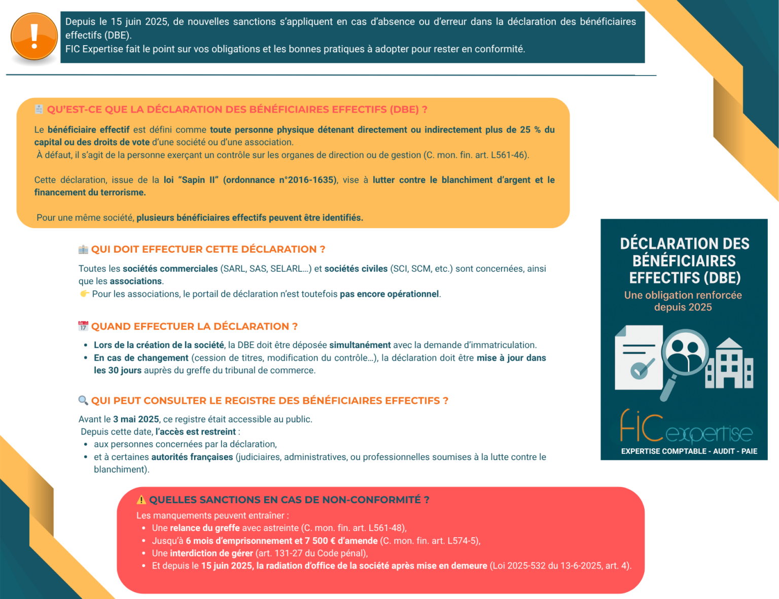 Qu’est-ce-que la déclaration des bénéficiaires effectifs (DBE) ? En droit français, le bénéficiaire effectif est défini comme toute personne physique possédant directement ou indirectement plus de 25 % du capital ou des droits de vote d’une société ou une association. A défaut, il s’agit de la personne exerçant un contrôle sur les organes de direction ou de gestion (C. mon. fin. art. L 561-46, al. 1). Par conséquent, pour une même société il est possible d’avoir plusieurs bénéficiaires effectifs. Cette obligation de déclaration a été mise en place par l’ordonnance n°2016-1635 afin de lutter contre le blanchiment d’argent et le financement de la corruption (loi dite “Sapin II”). Le dépôt est-il obligatoire pour toutes les sociétés et associations ? Toutes les formes de sociétés, sociétés commerciales (SARL, SAS, SELARL etc) et sociétés civiles (SCI, SCM etc) ainsi que les associations sont tenues de déposer cette déclaration. Cependant pour les associations, le site permettant de déclarer cette formalité n’a pas encore été mis en place par le gouvernement. Quand effectuer le dépôt de la déclaration des bénéficiaires effectifs ? Dorénavant, lors de la création de la société, la déclaration des bénéficiaires effectifs doit être déposée concomitamment. La déclaration des bénéficiaires effectifs doit également être mise à jour en cas de changement (cession de titres par exemple). Le délai pour faire cette modification auprès du greffe est de 30 jours. Qui a accès au registre des bénéficiaires effectifs ? Avant le 3 mai 2025, toute personne pouvait demander l’accès à la déclaration des bénéficiaires effectifs. Depuis, l’accès est limité : - aux personnes concernées par cette déclaration - ainsi qu’à certaines autorités françaises (comme par exemple les autorités judiciaires ou les professionnels assujettis à la lutte contre le blanchiment d’argent). Quelles sanctions en cas de non dépôt ou de déclaration inexacte ? Les sanctions sont à la fois pénales et pécuniaires : - Une relance du greffe du tribunal de commerce avec éventuellement une astreinte (C. mon. fin. art. L 561-48) - Une peine de 6 mois d'emprisonnement et une amende de 7 500 euros (C. mon. fin. art. L 574-5). - Une interdiction de gérer (article 131-27 du Code pénal) - Nouvelle sanction depuis le 15 juin 2025 : radiation d’office de la société après mise en demeure (Loi 2025-532 du 13-6-2025 art. 4, V-9°, 10° et 11° : JO 14 texte n° 2) FIC EXPERTISE peut vous accompagner dans les démarches liées à la déclaration des bénéficiaires effectifs.