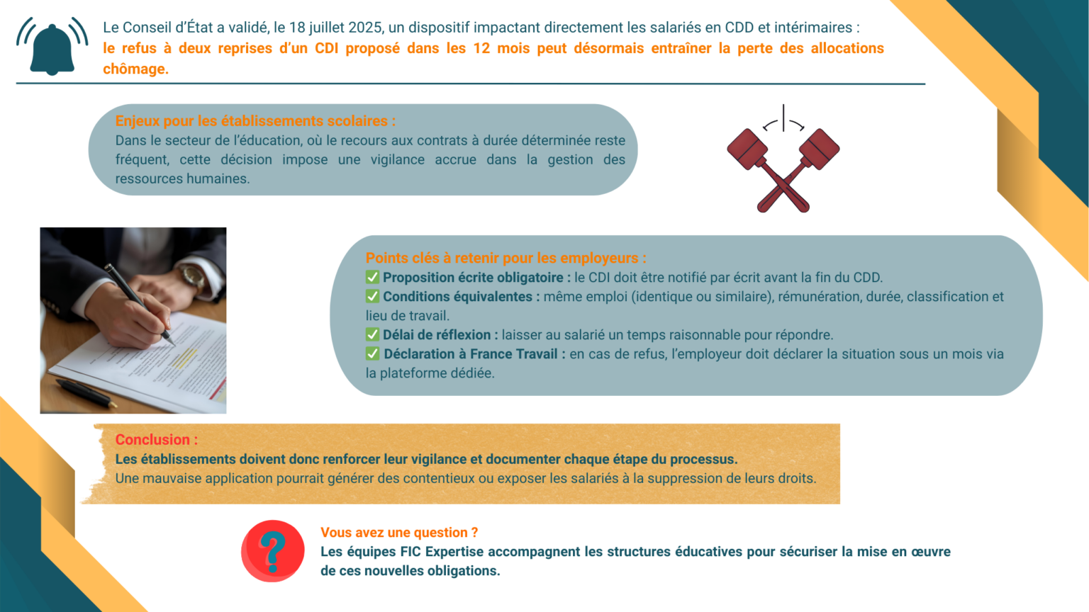 Charles-Antoine BICHET dim. 14 sept. 13:00 À moi Deux refus de CDI après un CDD : quelles conséquences sur les allocations chômage ? Le Conseil d'État a récemment validé un dispositif qui peut entraîner la suppression des allocations d'assurance chômage pour les salariés en fin de CDD ou les travailleurs intérimaires. Cette mesure s'applique s'ils refusent, sur une période de 12 mois, deux propositions de contrat à durée indéterminée (CDI) pour occuper un emploi identique ou similaire. Cette décision fait suite à un recours en annulation déposé par plusieurs syndicats, qui dénonçaient un traitement discriminatoire et une situation de travail forcé. Le Conseil d’État a cependant écarté ces arguments, confirmant l'application de la procédure. Pour les établissements scolaires qui emploient du personnel sous contrat à durée déterminée, il est crucial de respecter les obligations suivantes : Formuler une proposition écrite et détaillée : La proposition de CDI doit être transmise au salarié par écrit, avant la fin de son CDD. Elle doit offrir un emploi identique ou similaire, une rémunération et une durée de travail au moins équivalentes, ainsi que la même classification et le même lieu de travail. Un délai de réflexion « raisonnable » doit être accordé au salarié pour qu'il puisse donner sa réponse. Informer France Travail en cas de refus : Si le salarié refuse l'offre ou ne répond pas dans le délai imparti, l'employeur est tenu de déclarer cette situation à France Travail (anciennement Pôle emploi). Cette déclaration doit être effectuée par voie dématérialisée, sur une plateforme dédiée, dans le mois suivant le refus. L'employeur doit fournir les informations nécessaires pour justifier le respect des conditions requises pour l'emploi proposé. En conclusion, la vigilance est de mise pour les établissements afin de se conformer à cette réglementation et d'appliquer correctement la procédure. Les équipes de FIC Expertise restent à votre disposition pour tout complément d'd'informations Source : Conseil d’État, 18 juillet 2025, n° 492244