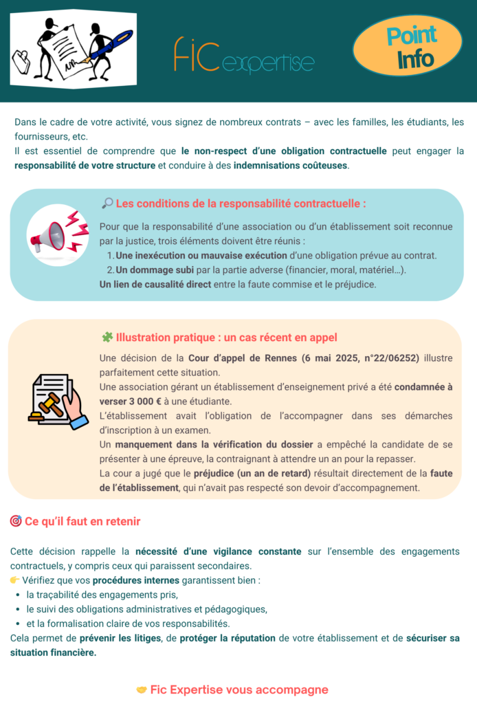 Le respect des engagements : une obligation essentielle Dans le cadre de votre activité, vous êtes amenés à signer de nombreux contrats (avec les familles, les étudiants, les fournisseurs, etc.). Il est crucial de comprendre que toute association ou structure, y compris la vôtre, qui ne respecte pas les obligations prévues par un contrat peut être tenue pour responsable et devoir indemniser la partie qui subit un préjudice. Pour que la responsabilité contractuelle d'une association soit reconnue par la justice, trois éléments doivent être prouvés : Une inexécution ou une mauvaise exécution d'une obligation prévue au contrat par l'association. L'existence d'un dommage pour la partie adverse (financier, moral, matériel, etc.). Un lien de causalité direct entre la faute de l'association et le dommage subi. Illustration pratique : un cas récent en appel Un cas jugé par la Cour d'appel de Rennes en mai 2025 met en lumière l'importance de ces obligations. Une association gérant un établissement d'enseignement privé a été condamnée à verser 3 000 € à une étudiante. Pourquoi ? L'établissement avait une obligation contractuelle d'accompagner l'étudiante dans les formalités d'inscription à son examen. Or, un manquement dans la vérification du dossier d'inscription a empêché l'étudiante de se présenter à une épreuve, la forçant à attendre un an pour la repasser. La cour a considéré que le préjudice subi (le retard d'un an dans son parcours) était une conséquence directe de la faute de l'établissement qui n'avait pas respecté son devoir de conseil et d'accompagnement. Ce qu'il faut en retenir Cette décision judiciaire nous rappelle l'importance d'une vigilance accrue sur l'ensemble des obligations contractuelles, et en particulier celles qui peuvent sembler secondaires, comme l'accompagnement administratif des étudiants. Assurez-vous que les processus internes de votre établissement sont suffisamment robustes pour garantir le respect de tous vos engagements contractuels. Cela est essentiel pour éviter des litiges coûteux et pour préserver la réputation et la stabilité financière de votre structure. N'hésitez pas à nous contacter si vous souhaitez auditer vos pratiques et sécuriser vos engagements juridiques. Cordialement, Votre cabinet d'expertise comptable et de commissariat aux comptes FIC Expertise reste à votre disposition Source : Cour d’appel de Rennes, 6 mai 2025, n° 22/06252