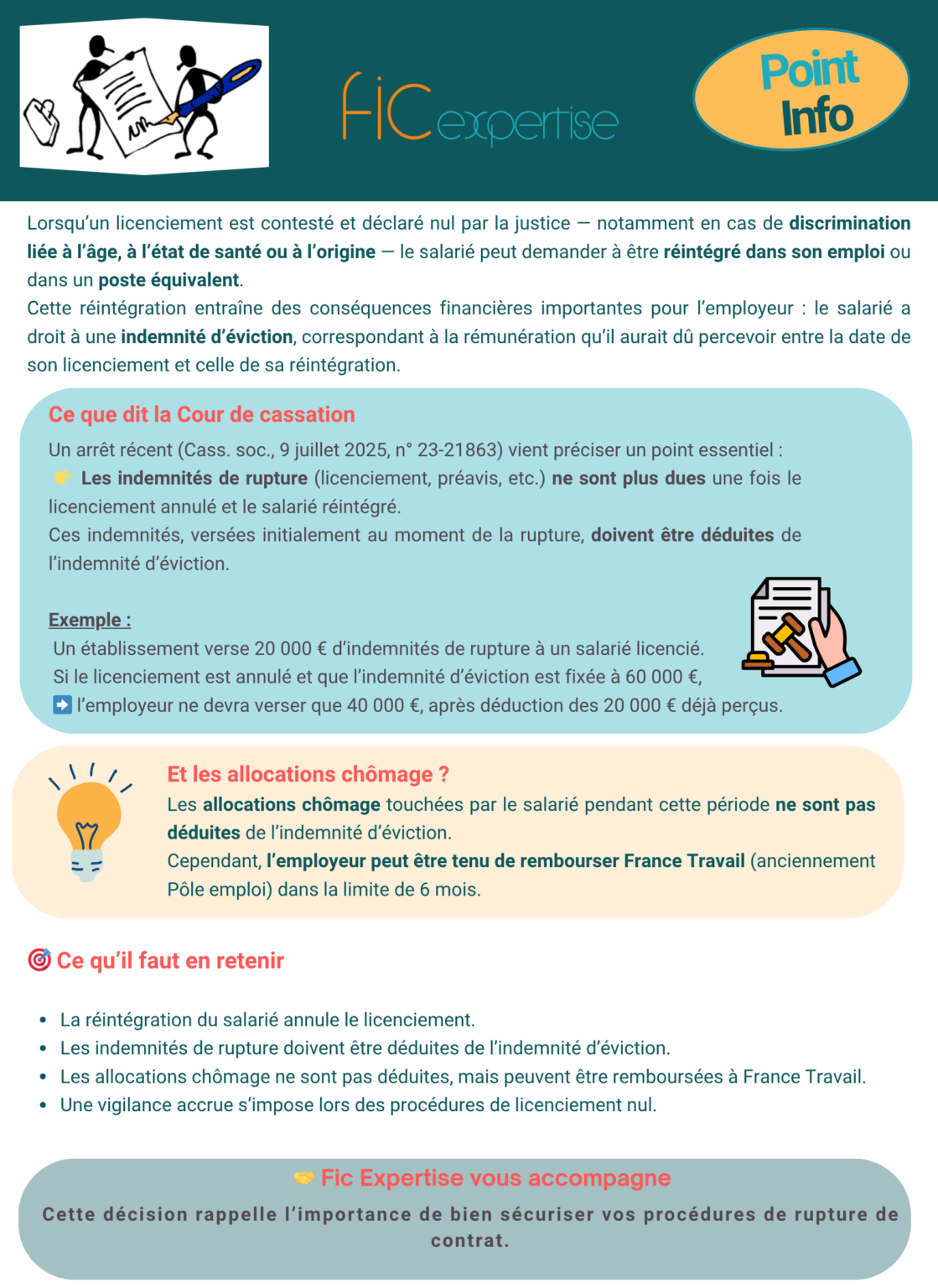 Pas d'indemnités de rupture pour le salarié réintégré ! Il arrive qu'un licenciement soit contesté par un salarié et que la justice le déclare nul, notamment en cas de discrimination liée à l'âge, l'état de santé ou l'origine. Dans ce cas, le salarié peut demander à être réintégré dans son emploi ou à un poste équivalent. Cette réintégration a des implications financières importantes pour l'employeur. Le salarié a droit à une indemnité dite d'éviction, qui correspond à la rémunération qu'il aurait dû percevoir entre la date de son licenciement et celle de sa réintégration. Cependant, un arrêt récent de la Cour de cassation précise un point crucial : les indemnités de rupture (comme l'indemnité de licenciement ou l'indemnité compensatrice de préavis) ne sont plus dues une fois le licenciement annulé et le salarié réintégré. La Cour a ainsi rappelé que ces indemnités, versées au moment de la rupture, doivent être déduites de l'indemnité d'éviction. Concrètement, si un établissement verse 20 000 € d'indemnités de rupture à un salarié licencié, et que ce licenciement est ensuite annulé par la justice, ces 20 000 € ne sont plus dus. Si l'indemnité d'éviction est fixée à 60 000 €, l'employeur ne devra payer que la différence, soit 40 000 €. C'est ce qu'a confirmé la Cour de cassation, en abaissant le montant de l'indemnité d'éviction dans un cas précis pour tenir compte de ces déductions. À noter également, les allocations chômage perçues par le salarié pendant cette période ne sont pas déduites de son indemnité d'éviction. En revanche, l'employeur peut être tenu de rembourser à France Travail (anciennement Pôle Emploi) les allocations versées, dans la limite de 6 mois. Cette décision renforce la nécessité de la plus grande vigilance dans les procédures de licenciement, en particulier pour les motifs considérés comme nuls. N'hésitez pas si vous avez des questions sur ce sujet ou sur d'autres aspects de la gestion financière de votre association. Vos experts comptables spécialisés restent à votre disposition Source : Cassation sociale, 9 juillet 2025, n° 23-21863